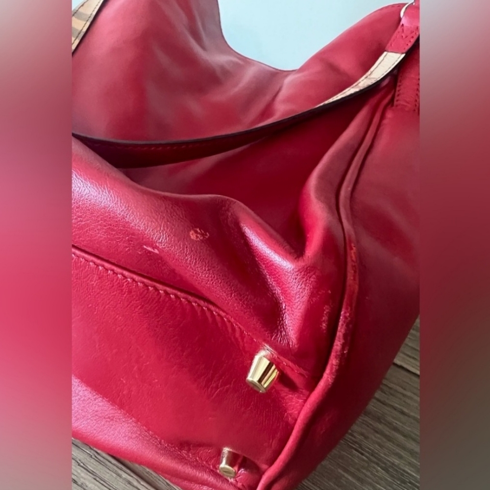 Burberry Red Leather Shoulder Bag with Check Trim - Picture 11 of 16